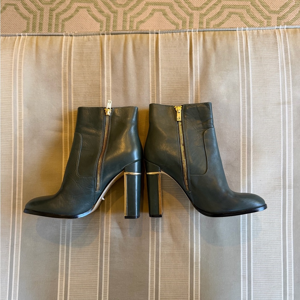 Calvin Klein Green Heeled Boots with Gold Zipper
